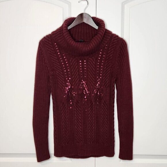 TALBOTS Burgundy Embellished Cable Knit Cowl Neck Sweater - Picture 2 of 7